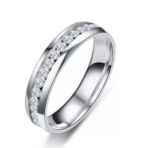 Unisex Crystal Diamond Row Stainless Steel Silver Band Wedding Ring